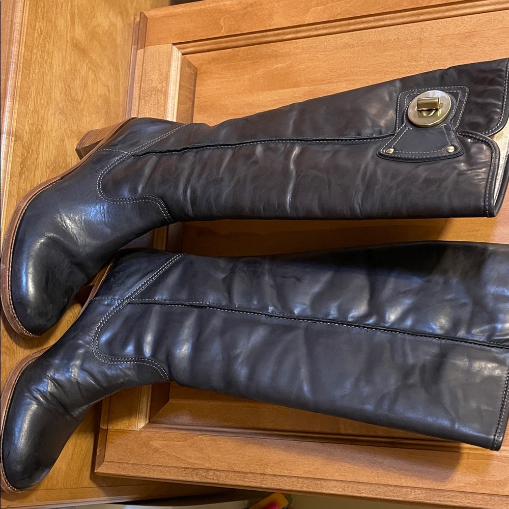 Coach Black Leather Heeled Boots with Buckle